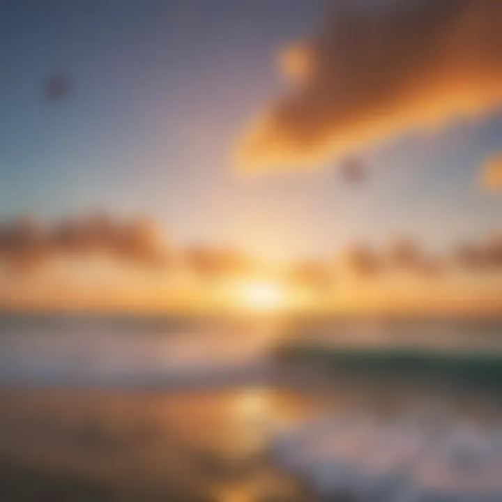 Adventurers engaged in kiteboarding against a vibrant sunset backdrop