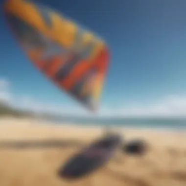 Essential kite surfing gear laid out on a sandy beach