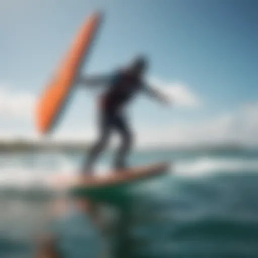 A dynamic view of a rider gliding over water with a SUP wing foil setup