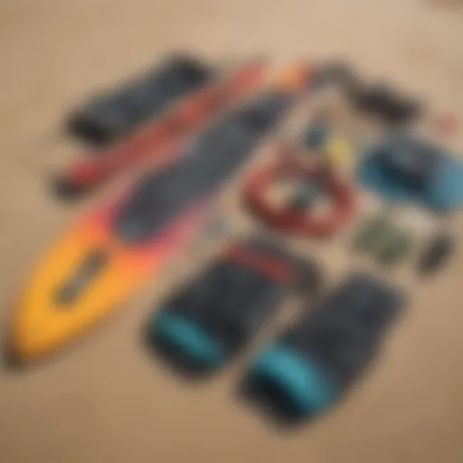 Kitesurfing gear laid out on the beach