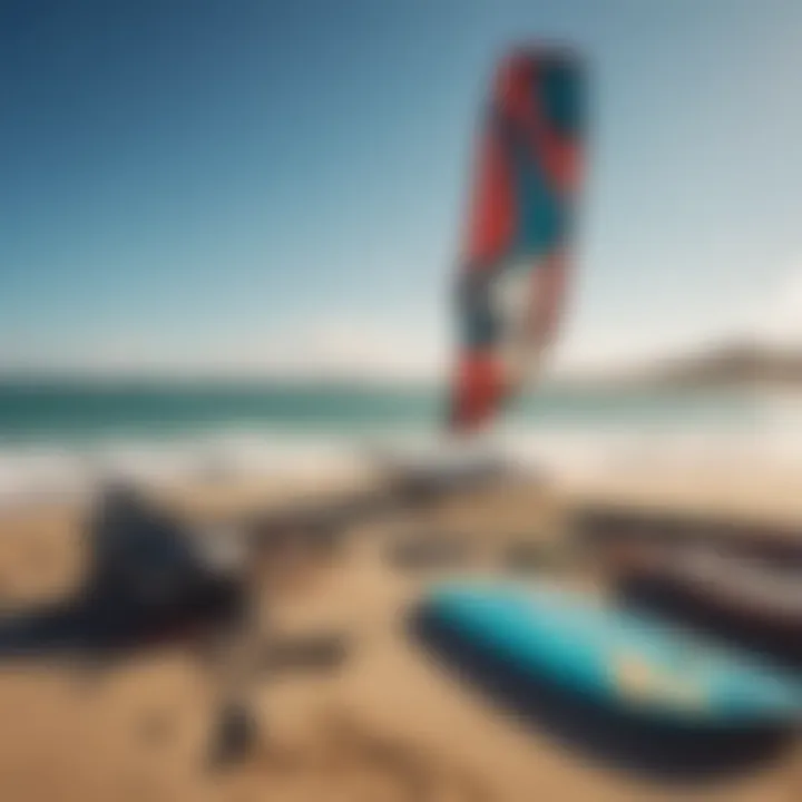 An array of kiteboarding gear laid out on the beach, highlighting essential equipment for beginners.