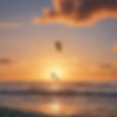 A serene sunset view over the ocean with kiteboarders gliding across the water, illustrating the beauty of the sport.