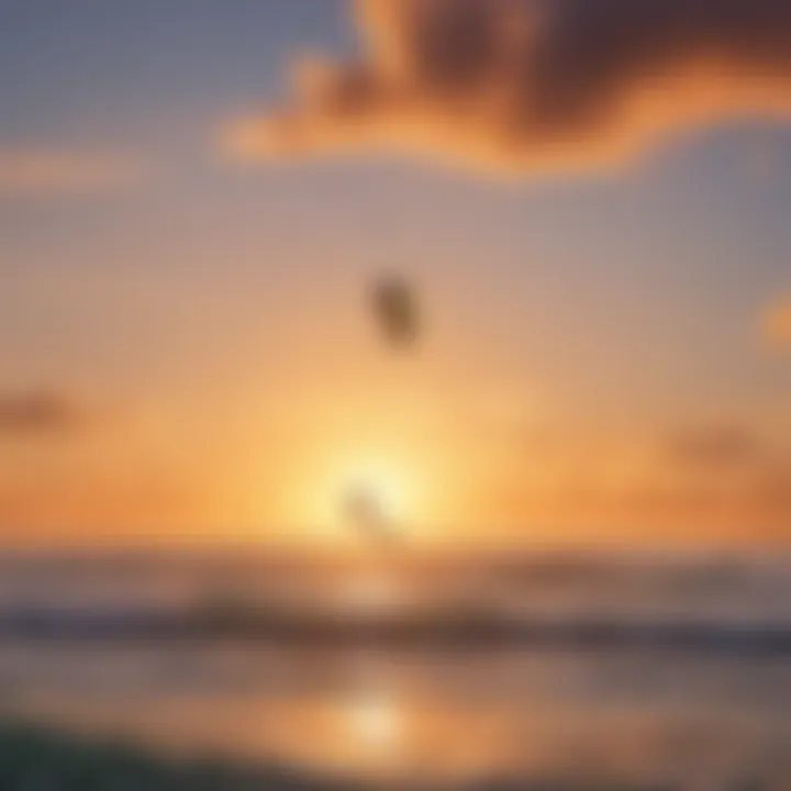 A serene sunset view over the ocean with kiteboarders gliding across the water, illustrating the beauty of the sport.