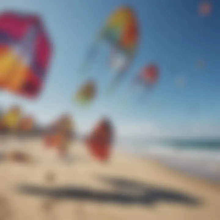 A variety of kites displayed on a sunny beach