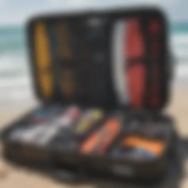 Organized interior of the Dakine suitcase with kiteboarding gear