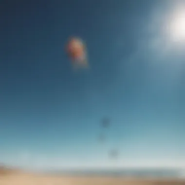 Duotone kite soaring high against a blue sky