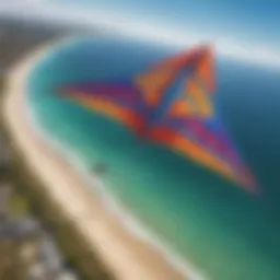 Aerial view of a vibrant seven-meter kite soaring against a clear blue sky