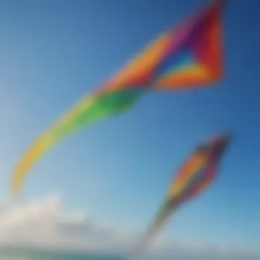 A close-up of a colorful kite soaring in the wind against a clear blue sky