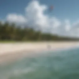 A panoramic view of El Cuyo's pristine beaches during a sunny day with kiteboarders in action