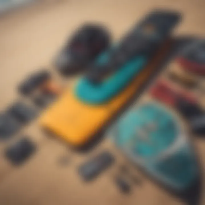 Kiteboarding equipment laid out on the beach