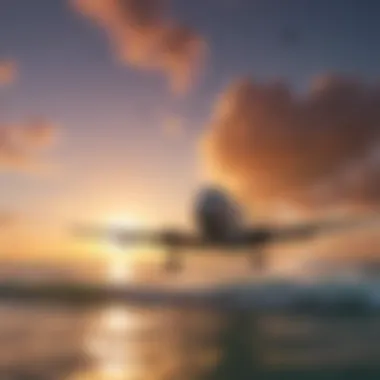 Airplane taking off against a sunset sky, symbolizing travel to Cat Island.