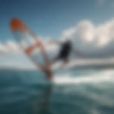 A scenic view of a foil board gliding over crystal-clear waters