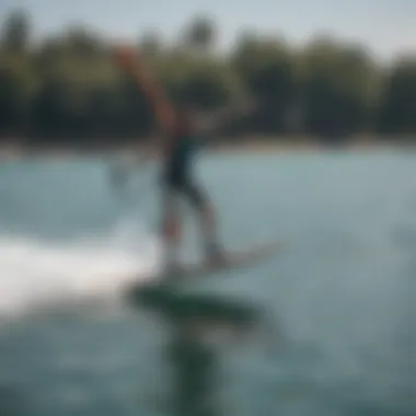 A hydrofoil windsurf board gliding effortlessly above the water.