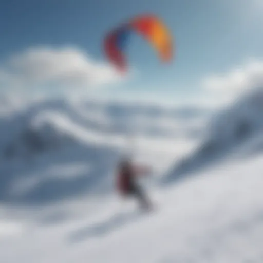 A kite snowboarding enthusiast gliding across a pristine snowy landscape