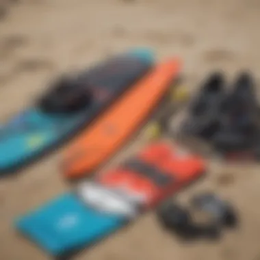 Kiteboarding equipment laid out on the beach