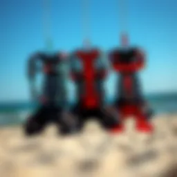 A selection of kitesurfing harnesses showcasing different designs