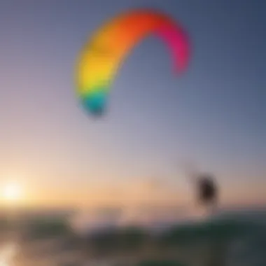 Kitesurfing at sunset with colorful kites in the sky