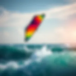 A vibrant Ozone kite soaring above the ocean waves
