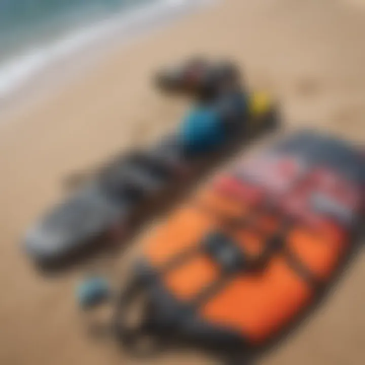 Kiteboarding gear laid out on the beach ready for use