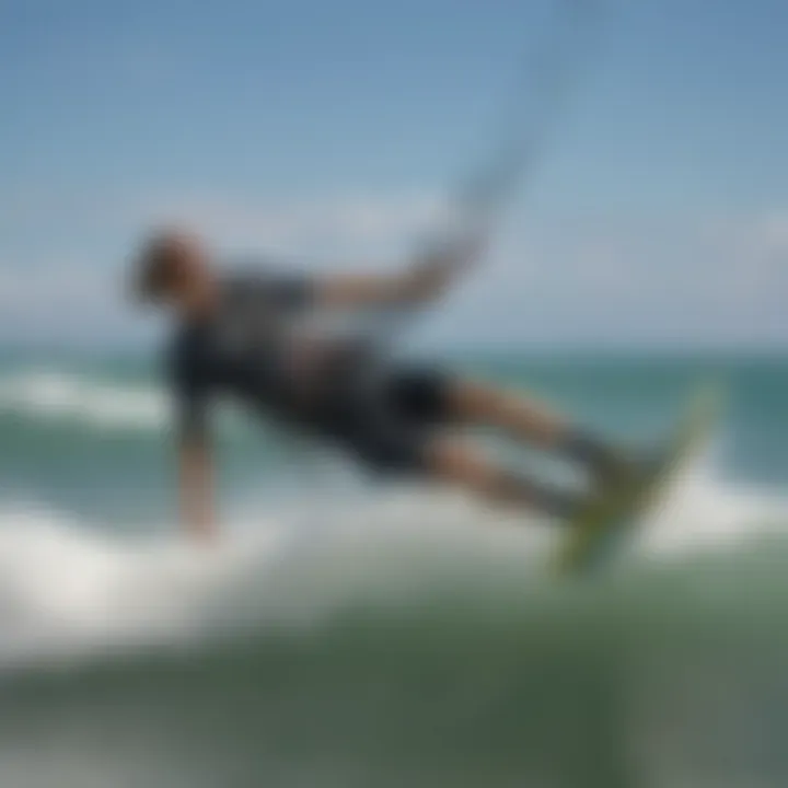 A kiteboarder skillfully maneuvering through waves