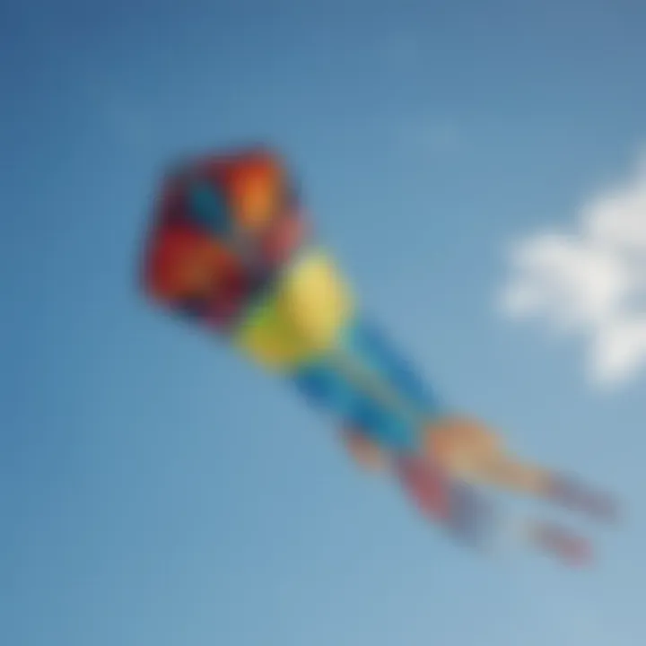 A vibrant small kite soaring in a clear blue sky