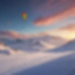 A stunning snow kiting scene with vibrant colors in the sky and snow-covered ground.