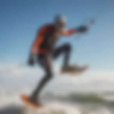 Close-up of a kiteboarder launching into the wind