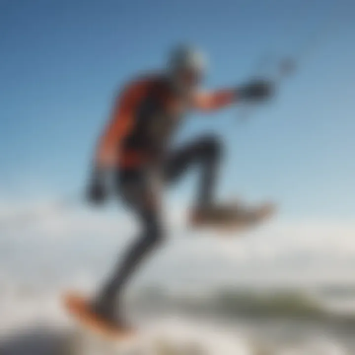 Close-up of a kiteboarder launching into the wind