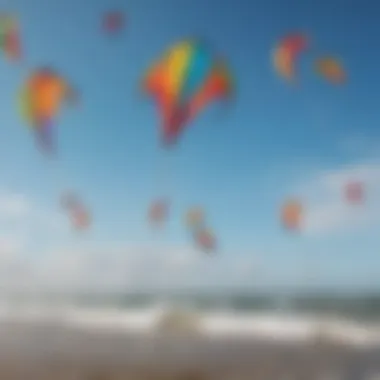 Colorful kites soaring in the sky above the coastal waters