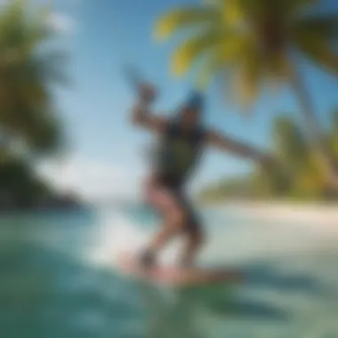 Close-up of vibrant kiteboarding gear set against a tropical backdrop