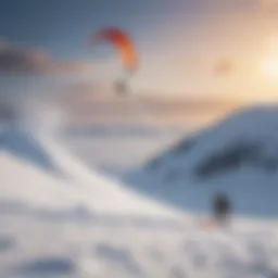 A kite surfer gliding over a snowy landscape