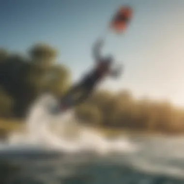 A serene lake landscape showcasing a kiteboarder maneuvering with a hydrofoil