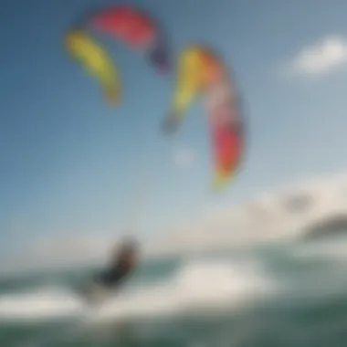 An aerial shot of kiteboarders using pigtail kites in dynamic conditions.