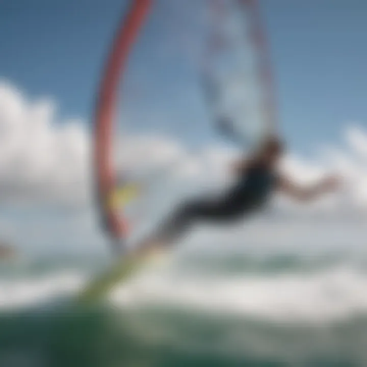 A dynamic action shot of a wind surfer harnessing wind with their wing