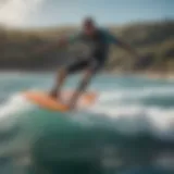 A vibrant wing surfer gliding effortlessly over the water with a foil board.