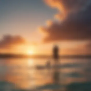 A serene sunset backdrop showcasing a paddle boarder in action on a foil board