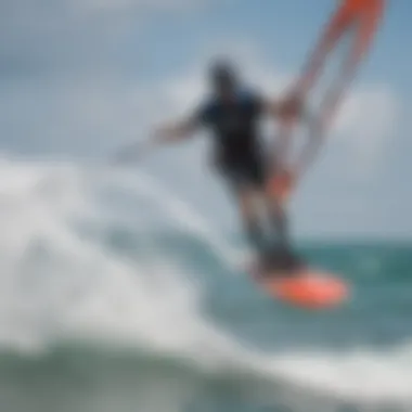 Kiteboarder using a lift wing foil board in windy conditions