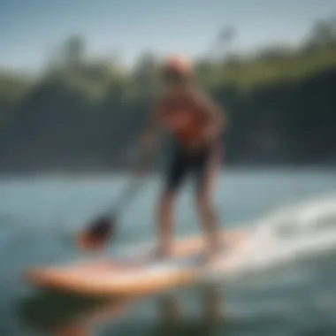 A serene scene of a paddleboarder practicing safety measures on the water