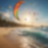 Colorful surfing kites soaring above a vibrant beach