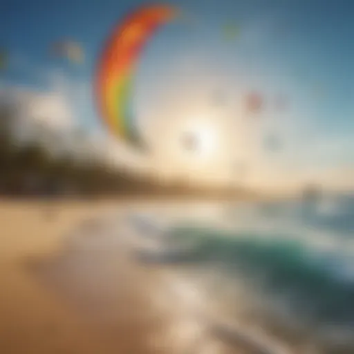 Colorful surfing kites soaring above a vibrant beach