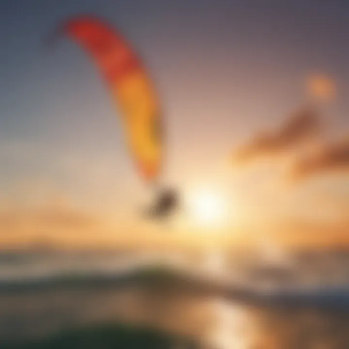 A landscape shot capturing a kiteboarder soaring with a blank kite against a sunset backdrop.