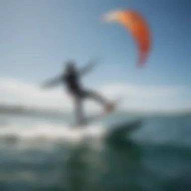 Dynamic view of a kiteboarder utilizing a hydrofoil on water