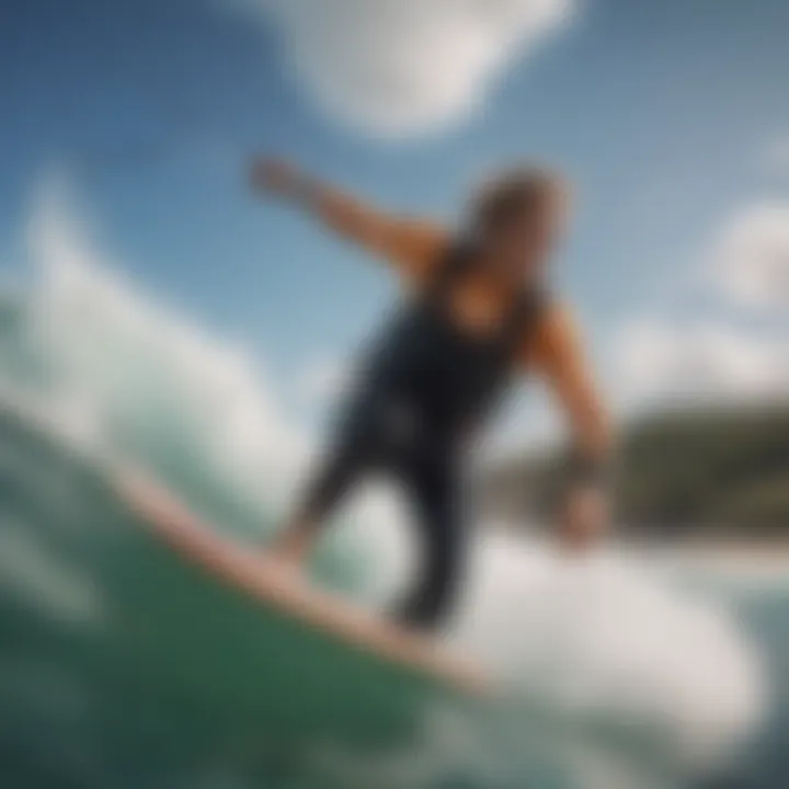 A surfer enjoying the waves with a float vest on