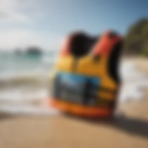 A vibrant surfing float vest displayed in a sunny beach setting