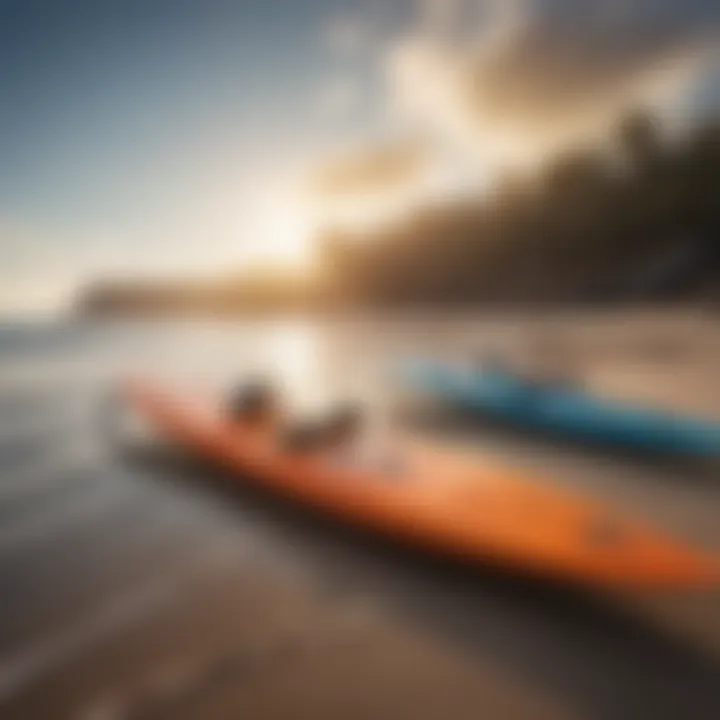 A serene beach scene featuring hydroplane surfboards lined up, inviting riders of all levels to engage with the sport.