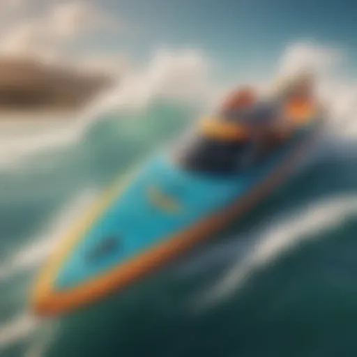 A sleek hydroplane surfboard demonstrating its unique design and contours against a vibrant ocean backdrop.