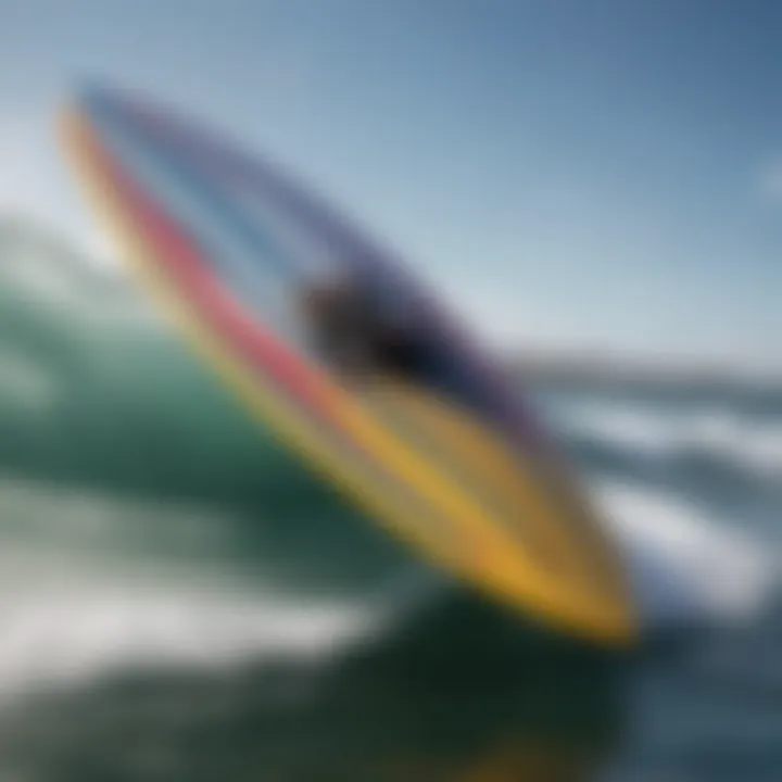 A close-up view of a hydroplane surfboard's fin and bottom surface, highlighting its innovative features for enhanced performance.