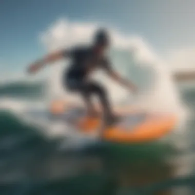 Hydroplane Surfboard Mechanics in Action An expert rider skillfully maneuvering a hydroplane surfboard amid impressive waves, showcasing its mechanics in action.