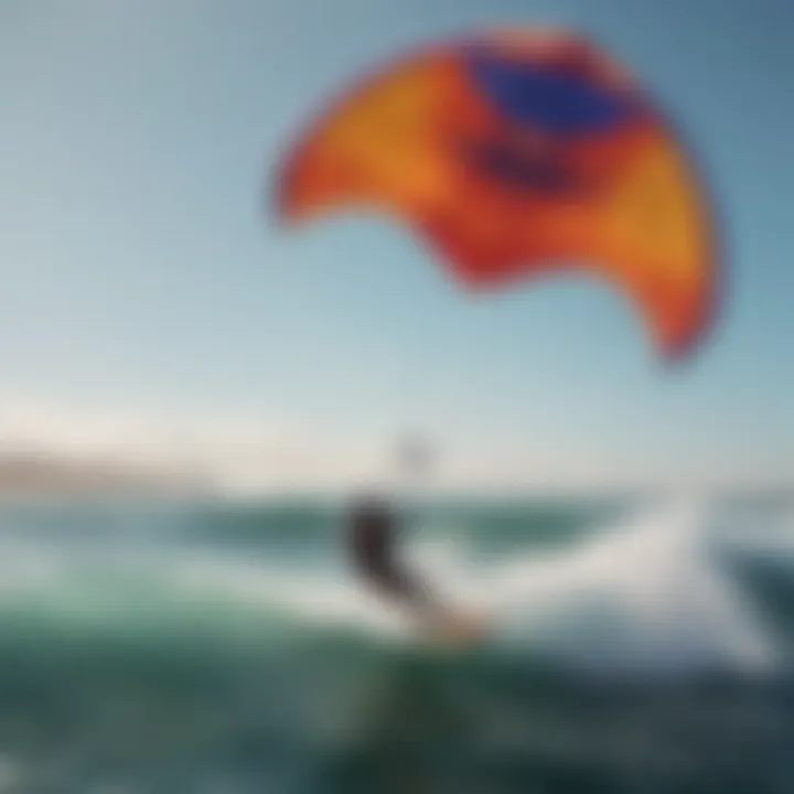 A dynamic shot of an inflatable kite soaring high above the ocean waves, showcasing its vibrant colors and unique shape.