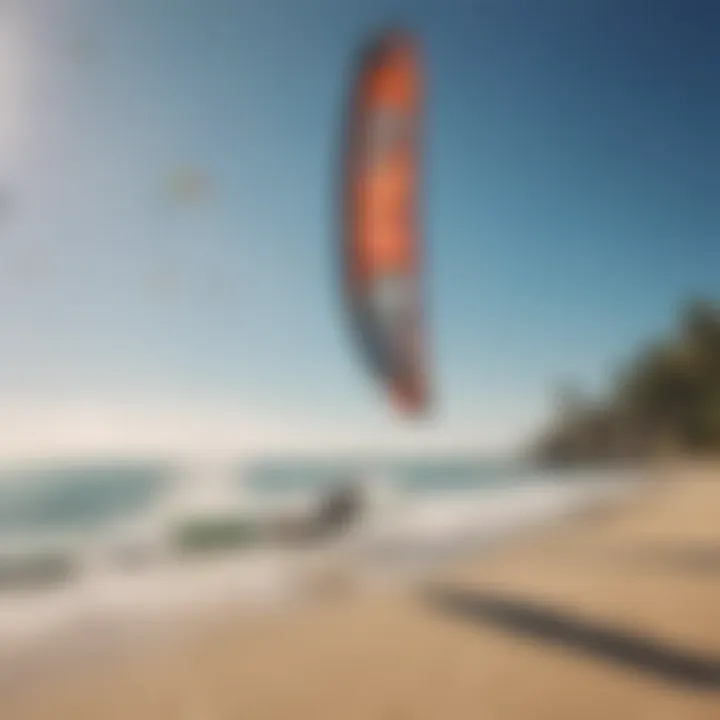 A scenic beach setting with multiple kiteboarders using inflatable kites, illustrating the thrill of recreational kiteboarding.